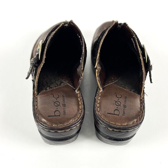 BOC Born Concept Brown Clogs wedge heel brass buckle tooled black straps SZ 8 - Picture 6 of 12